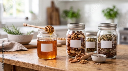 Honey jar with wooden dipper and labeled jars of nuts and seeds on kitchen counter