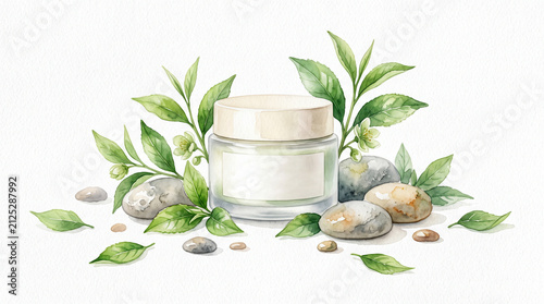 Natural skincare cream jar with green leaves and spa stones