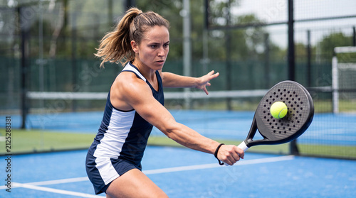 Woman hitting padel ball on outdoor blue court