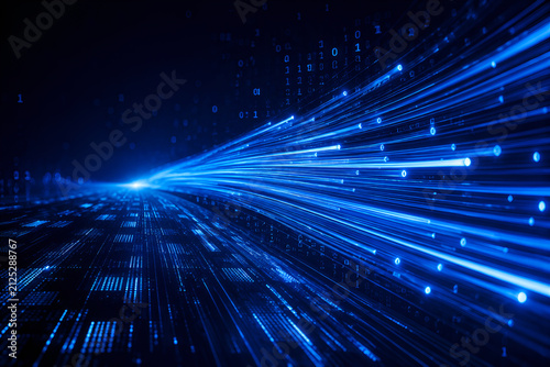 Dynamic dark blue background with abstract glowing fiber optic cables symbolizing fast digital data transmission
