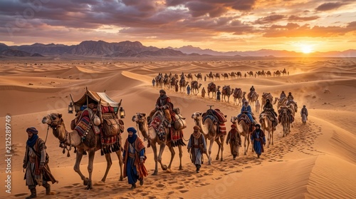Desert caravan journey at sunset