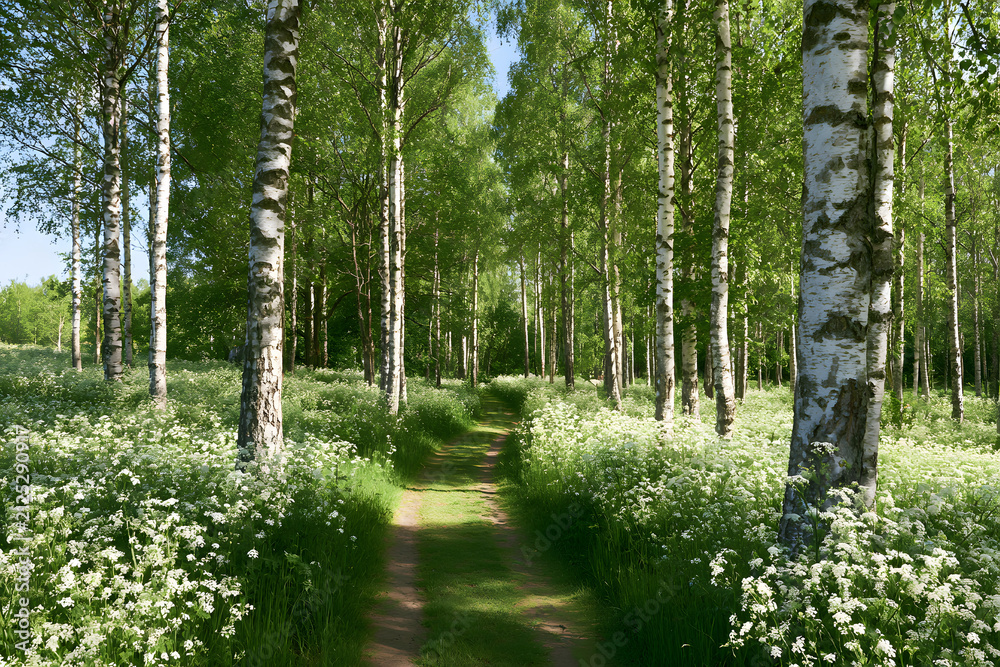 Obraz premium Through a verdant birch glade, bordered by a meadow adorned with fragrant cow parsley