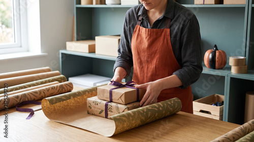 Small Business Owner Packing Seasonal Orders in Clean Workspace with Halloween Color Palette