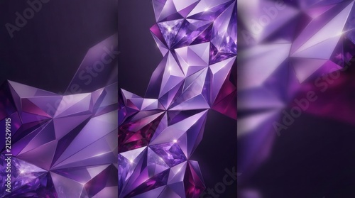 Abstract purple geometric crystal shapes with light reflections.