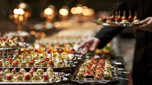 Catering buffet spread with appetizers and finger foods on trays