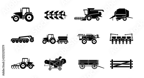 Foto Farm Equipment Icons, Agricultural Machinery Vector Set, Farming Tools Collectio