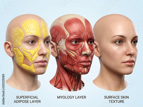 Female face anatomy layers showing skin, muscle, and adipose tissue