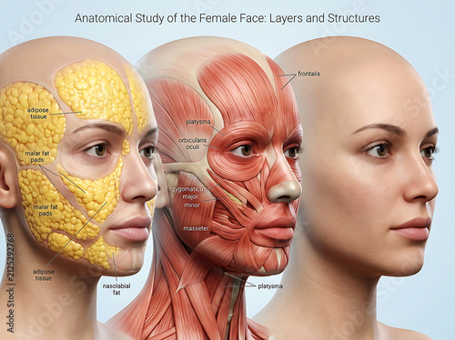 Female face anatomy layers, frontal view, skin and muscle structure