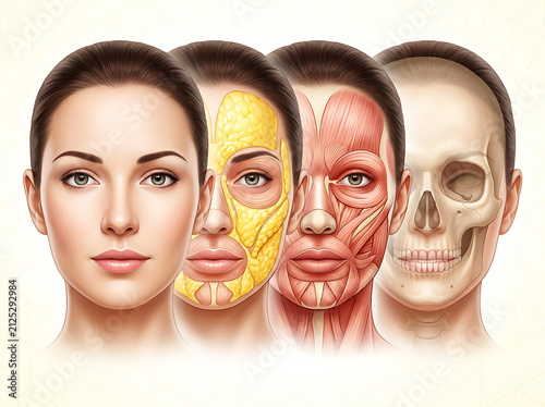 Four stages of facial anatomy skin layers and muscle structure