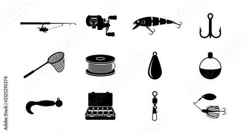 Fishing Gear Icons, Angling Equipment Vector Set, Sport Fishing Tools Collection, Outdoor Hobby Graphics