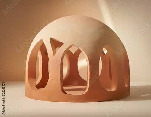 Earthy dome with arched cutouts glows warmly