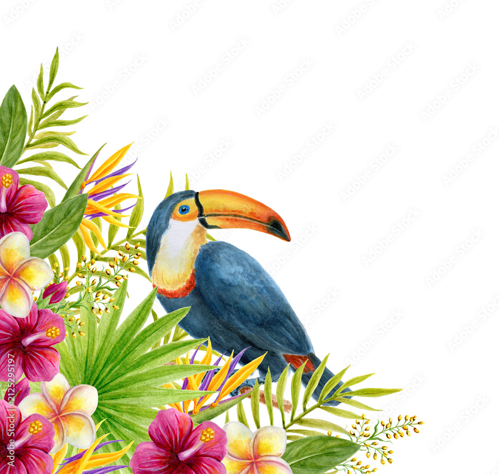 Obraz premium Tropical flowers corner frame with toucan. Watercolor painting with Hibiscus flowers and palm leaves. Tropic summer composition.