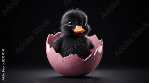 Obraz na płótnie Baby black duckling inside a pink cracked eggshell.