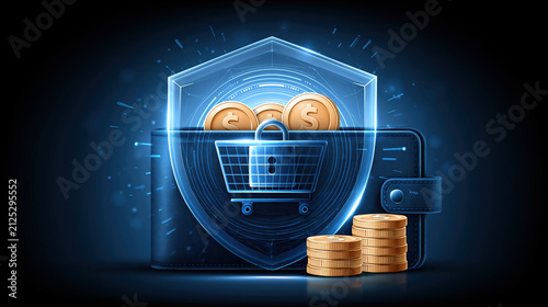 Digital wallet security with shopping basket and coins, secure online payment and protected e commerce concept
