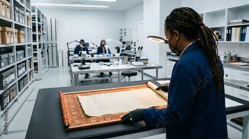 Professional conservator examining an ancient scroll in a research laboratory