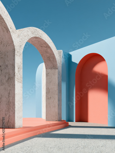 Architectural forms frame bold, minimalist color blocks