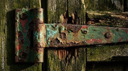 Close-up of rusty old metal hinge with peeling green and red paint on weathered moss-covered wooden planks, showcasing decay and texture.