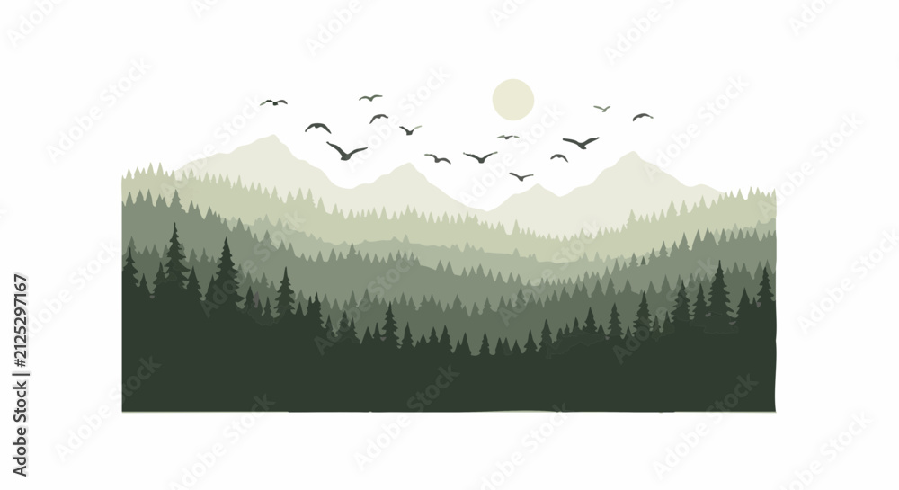 Obraz premium Minimalist mountain landscape with coniferous forest and flying birds