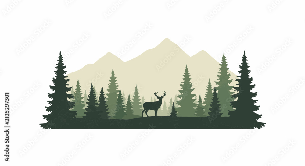 Fototapeta premium Lone stag standing in a dense pine forest with mountain peaks