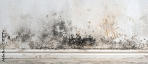 Black mold growing on a damp white wall near baseboard. Suitable for home inspection and property damage.