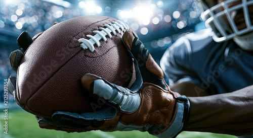 Close-up of American Football Player Holding Ball on Field Under Stadium Lights.