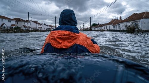 Person in orange jacket navigating flooded suburban street in a boat.