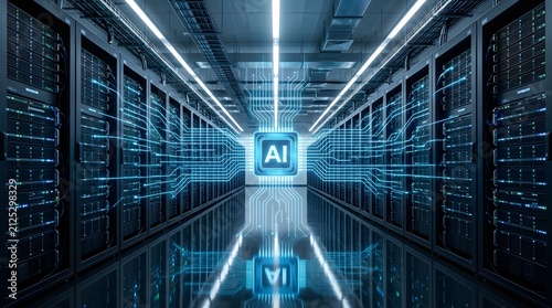 Ai artificial intelligence chip in a server room data center with glowing circuit lines and network connections