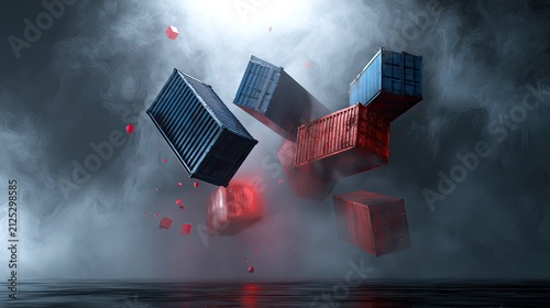 Abstract Composition of Floating Shipping Containers with Red Glow.