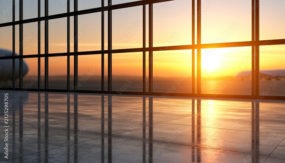 Fototapeta premium Airport Terminal Window View at Sunset with Airplane Reflection.