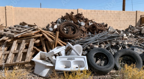 Pile of discarded junk and scrap metal in an outdoor junkyard.