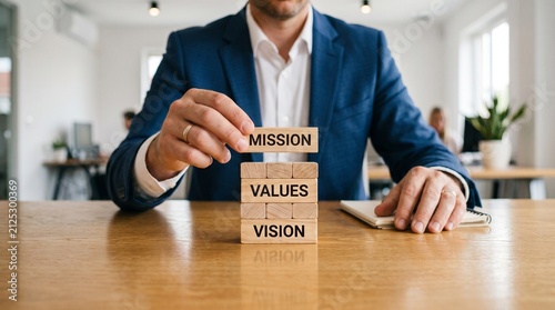 Canvas Print Businessman stacking wooden blocks in modern office