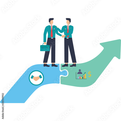 Obraz na płótnie Two businessmen shaking hands on connected growth arrow puzzle pieces, illustrating joint venture or business partnership