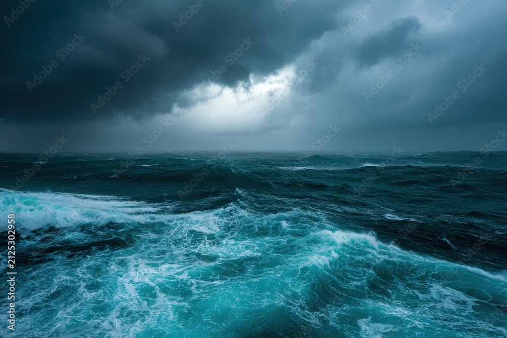 Fototapeta premium Stormy ocean with rough waves and dark clouds. Powerful seascape concept for stormy weather.