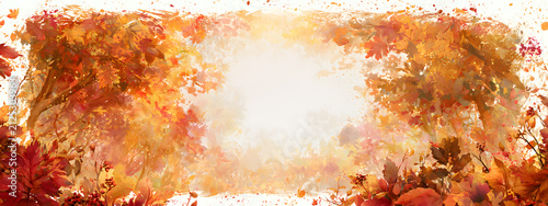 Autumn season party invite poster design: bordered with a watercolor effect, featuring a card design with colorful oranges, yellows, and reds, and images of fall leaves, forest scenes, maple, oak tree