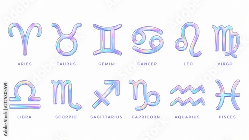 Glossy holographic zodiac signs collection with all twelve astrology symbols isolated on white background