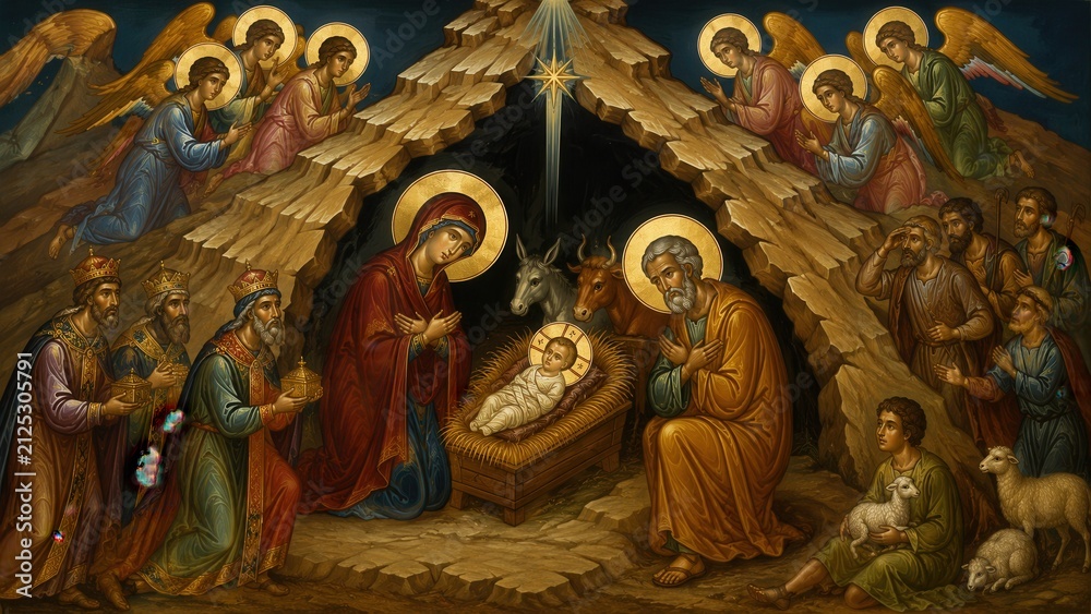 Obraz premium Byzantine icon of the Nativity of Jesus Christ with Virgin Mary Magi shepherds angels and Bethlehem star