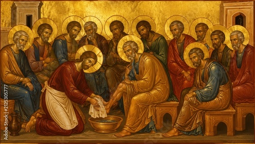 Byzantine icon of Christ washing the feet of the apostles at the Last Supper on radiant golden background