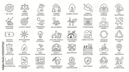 Environment icons net zero carbon neutral footprint capture offset reduction storage monitoring.