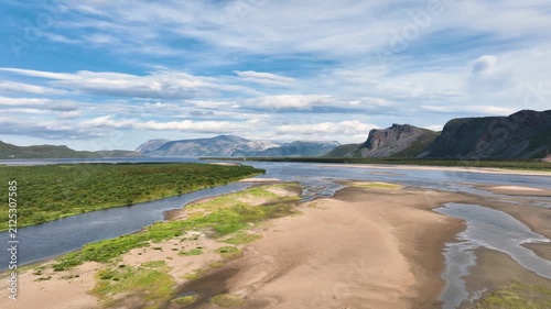 Aerial view of Tana Rver, Tanaelva, with large sand bank in northern Norway