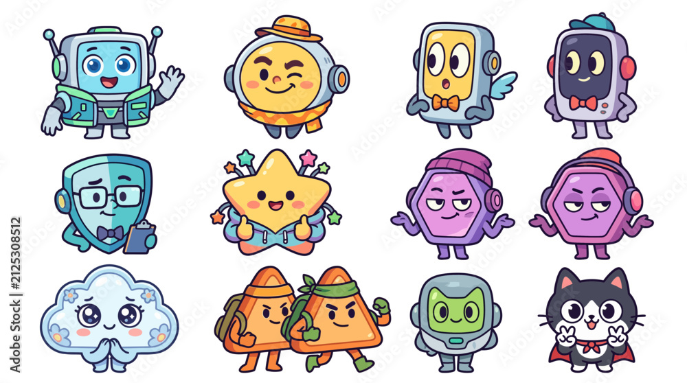 Fototapeta premium Playful character designs based on tech interfaces and colorful abstract shapes.