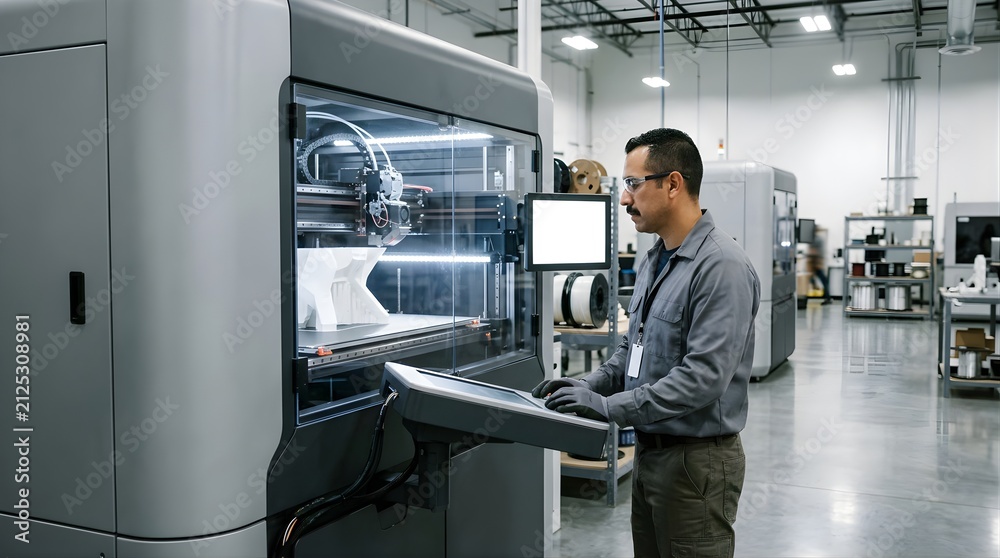 Fototapeta premium Engineer operating industrial 3D printer in modern manufacturing facility