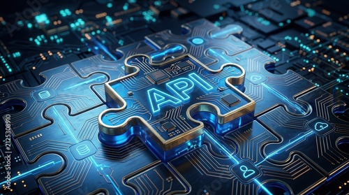 A digital representation of API integration featuring interconnected puzzle pieces and abstract tech patterns.