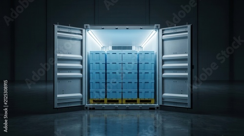 Temperature-controlled storage inside an open refrigerated shipping container with cold boxes on a pallet.