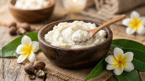 Natural moisturizing ritual featuring whipped shea butter in wooden bowls with frangipani blossoms.