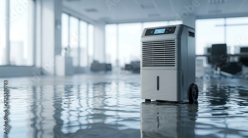 Professional dehumidifier machine placed on a flooded floor in a modern office building.