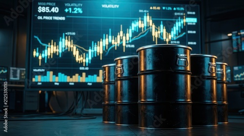 Stock market graph reflecting oil market volatility and fuel price trends near oil barrels.