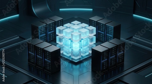 Compute orchestration concept featuring a luminous digital core surrounded by modular server hardware.