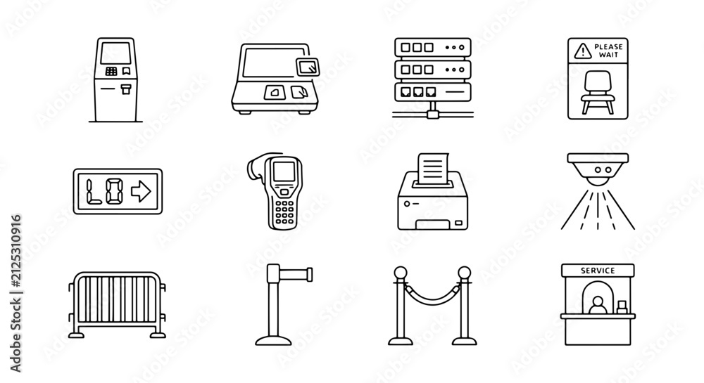 Fototapeta premium Modern Technology Icons: Kiosk, Server, Printer, Scanner, Security, Queue Management