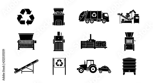 Картината върху платно Recycling and Waste Management Icons: Industrial Equipment, Trucks, and Symbols
