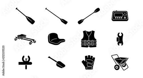Kayaking and Boating Gear Icons: Paddles, Life Vest, GPS, Seat, Trailer, Tools